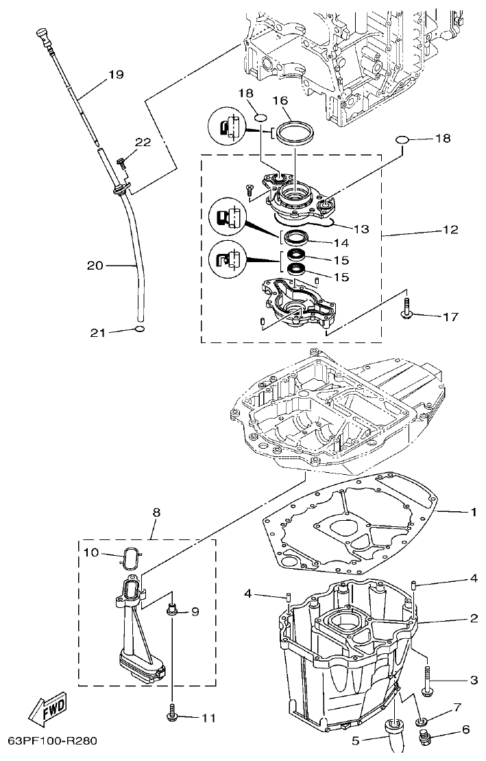 Yamaha F150FET, FL150FET OIL PAN parts diagram